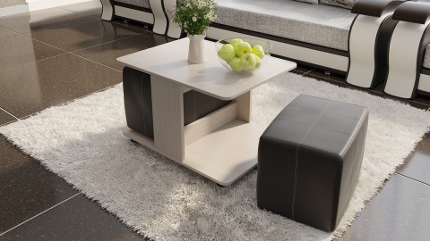 Стол Журнальный с Пуфиками «Капри» Стол Журнальный с Пуфиками «Капри» Дуб Белфорт/Кож.зам Коричневый/Ш-600× Д-800 × В-500 мм