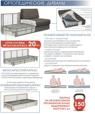 Ортопедический Диван Триумф/Разные Цвета Ш-2420 х Г-1100 х В-900 мм